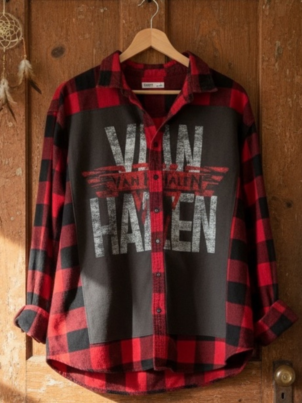 Van Halen Upcycled Flannel Shirt Band T Shirt Shacket Boyfriend Oversized Jacket